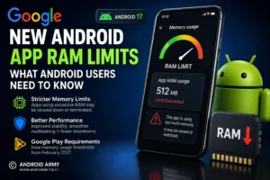 Google announces new Android app RAM limits with Android 17, showing memory usage restrictions and Google Play requirements.