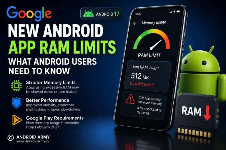 Google announces new Android app RAM limits with Android 17, showing memory usage restrictions and Google Play requirements.