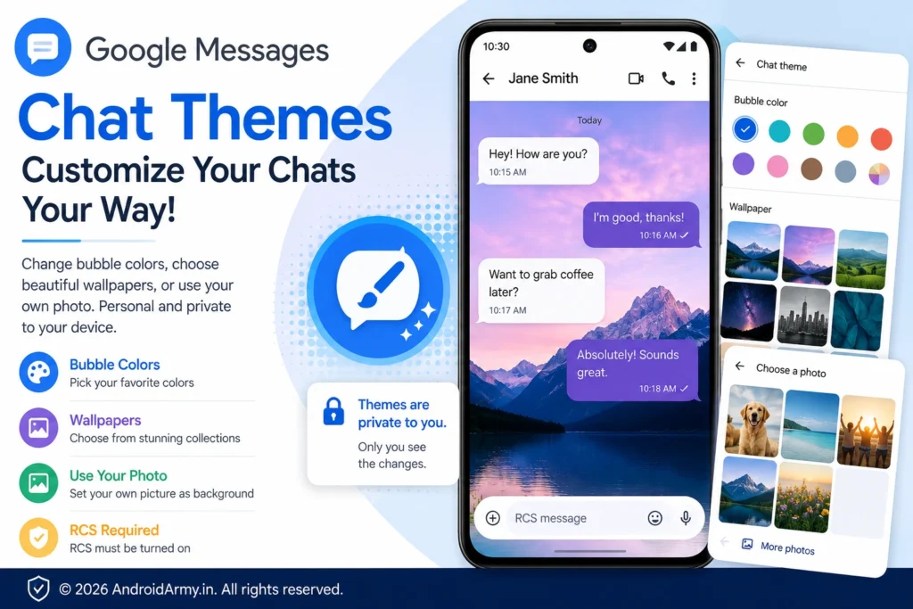 Google Messages Chat Themes with custom bubble colors, wallpapers, personal photo backgrounds, and RCS messaging options.