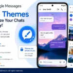 Google Messages Chat Themes with custom bubble colors, wallpapers, personal photo backgrounds, and RCS messaging options.