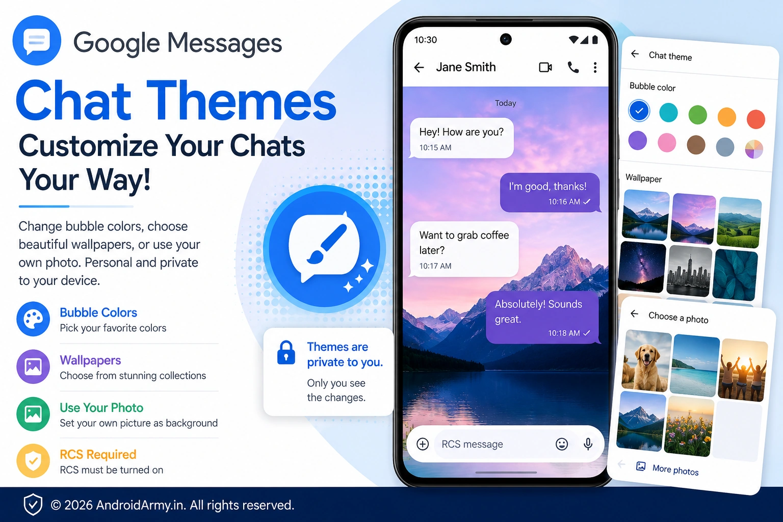 Google Messages Chat Themes with custom bubble colors, wallpapers, personal photo backgrounds, and RCS messaging options.