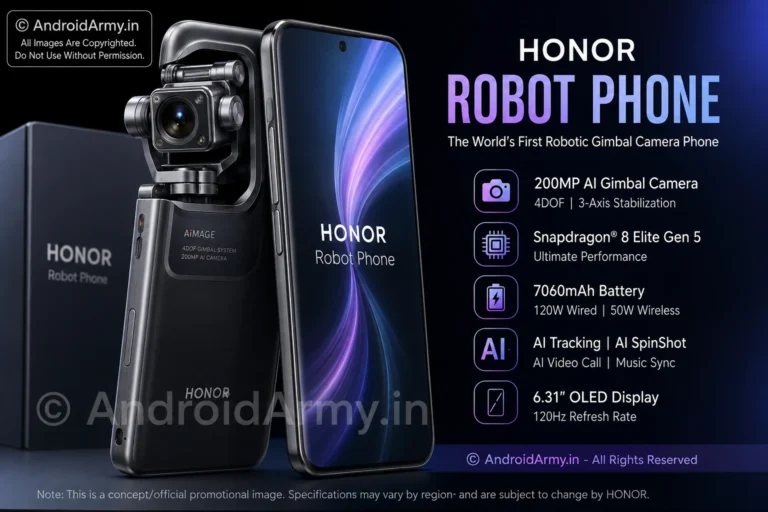 **Image Alt Text:** `HONOR Robot Phone with 200MP robotic gimbal camera, Snapdragon 8 Elite Gen 5, 7060mAh battery and AI features`