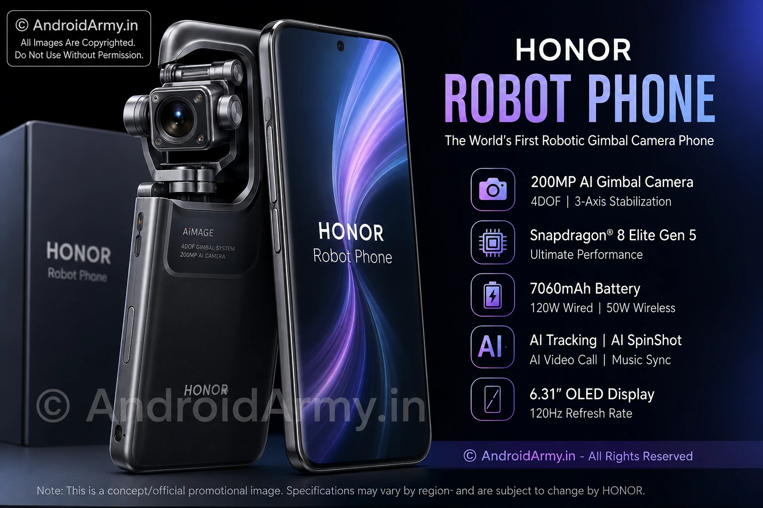 **Image Alt Text:** `HONOR Robot Phone with 200MP robotic gimbal camera, Snapdragon 8 Elite Gen 5, 7060mAh battery and AI features`